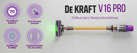 ODKURZACZ DEKRAFT BEZPRZEWODOWY PIONOWY RĘCZNY 3w1 F16 PRO ELEKTROSZCZOTKA 70min